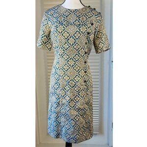 Vintage 1960s Slim-Mode Evelyn Erdell Mod Brocade Shift Dress Blue Gold ILGWU